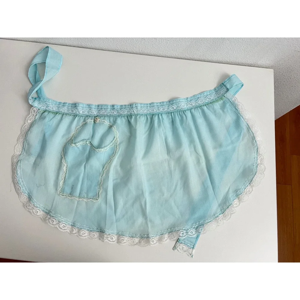 Vintage Light Blue Sheer Half Apron White Lace Trim Pocket Retro Mid Century